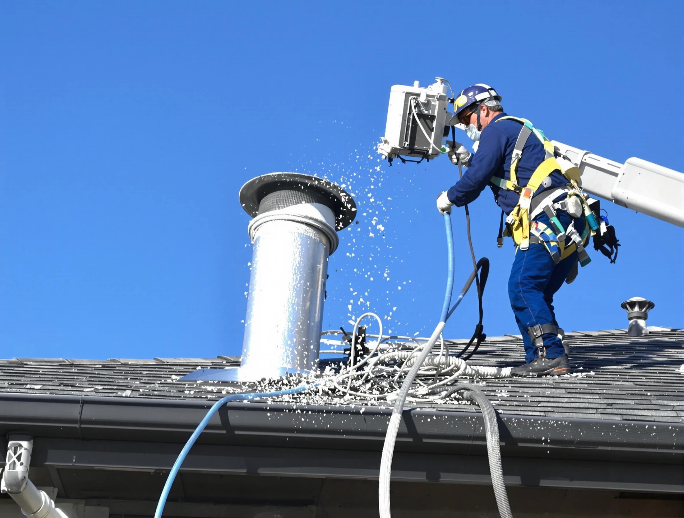 Highland Dryer Vent Cleaning certified technician safely cleaning a roof-mounted dryer vent in Highland