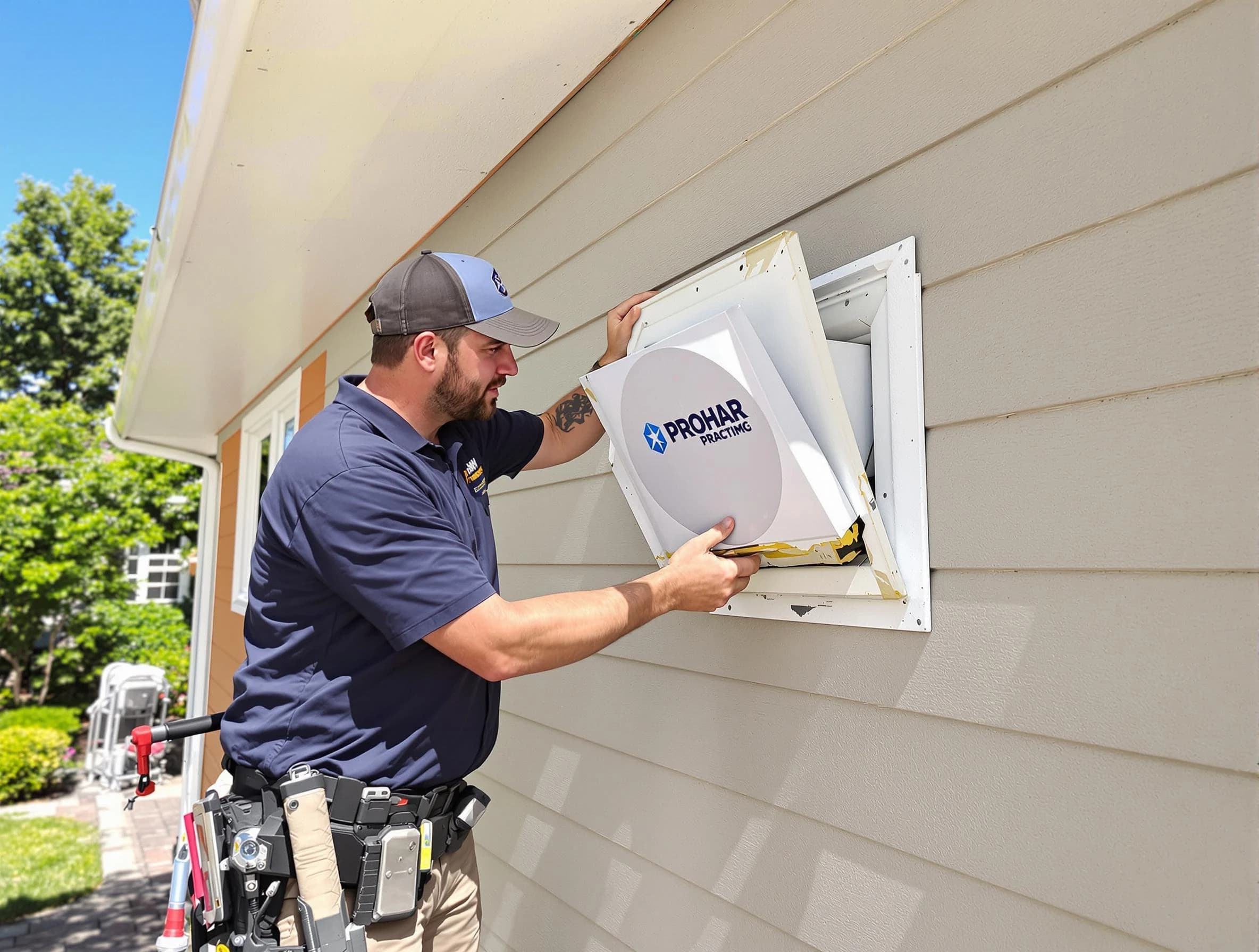 Highland Dryer Vent Cleaning technician installing a new protective dryer vent cover on a home in Highland