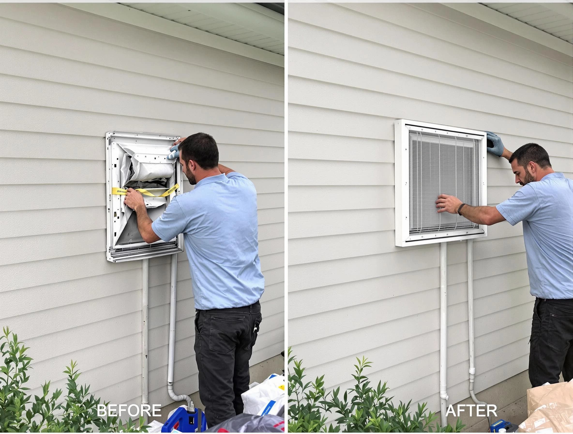 Highland Dryer Vent Cleaning technician installing high-quality dryer vent cover at a residential property in Highland