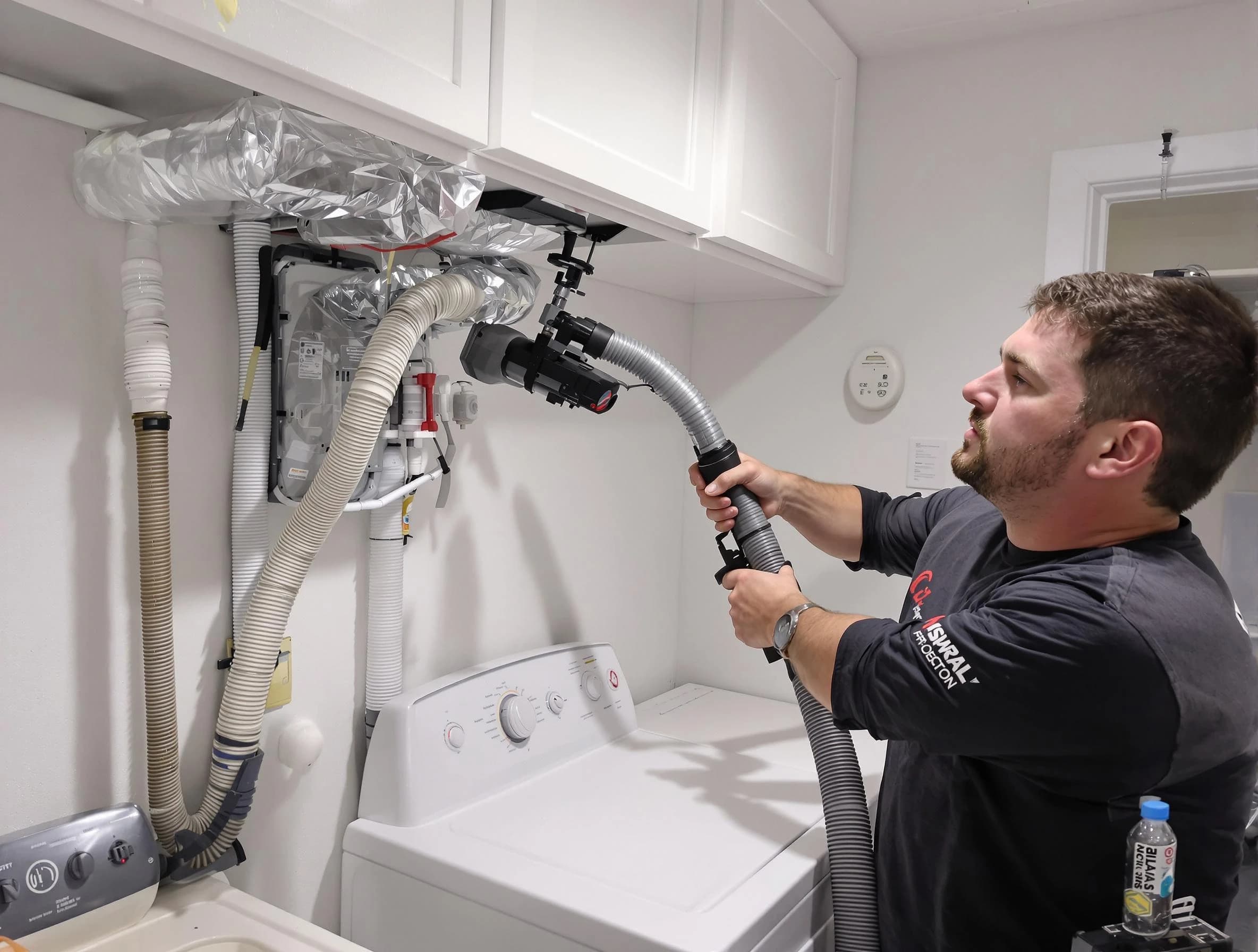 Highland Dryer Vent Cleaning certified technician performing safety-focused gas dryer vent cleaning in Highland