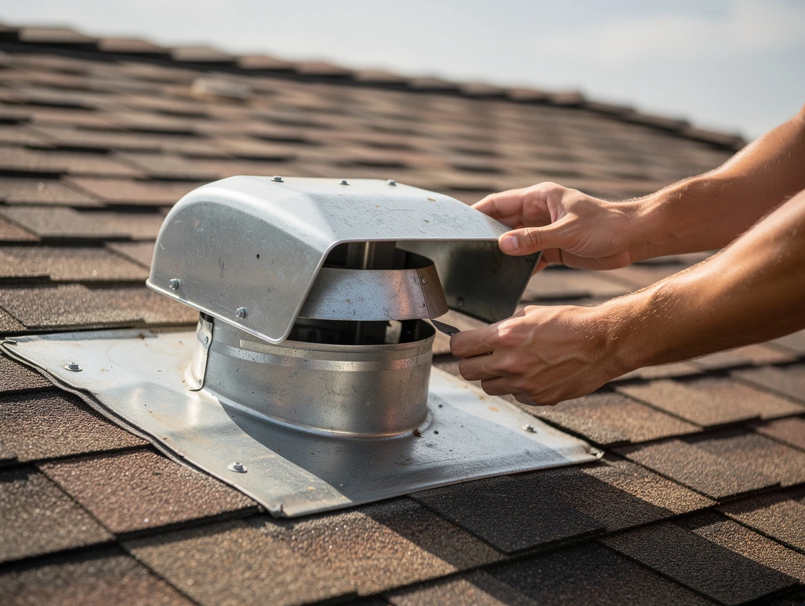 Highland Dryer Vent Cleaning certified technician safely cleaning a roof-mounted dryer vent in Highland