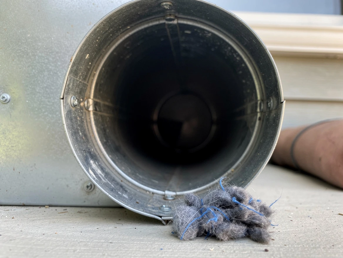 Highland Dryer Vent Cleaning technician using specialized equipment to clear severe dryer vent blockage in Highland