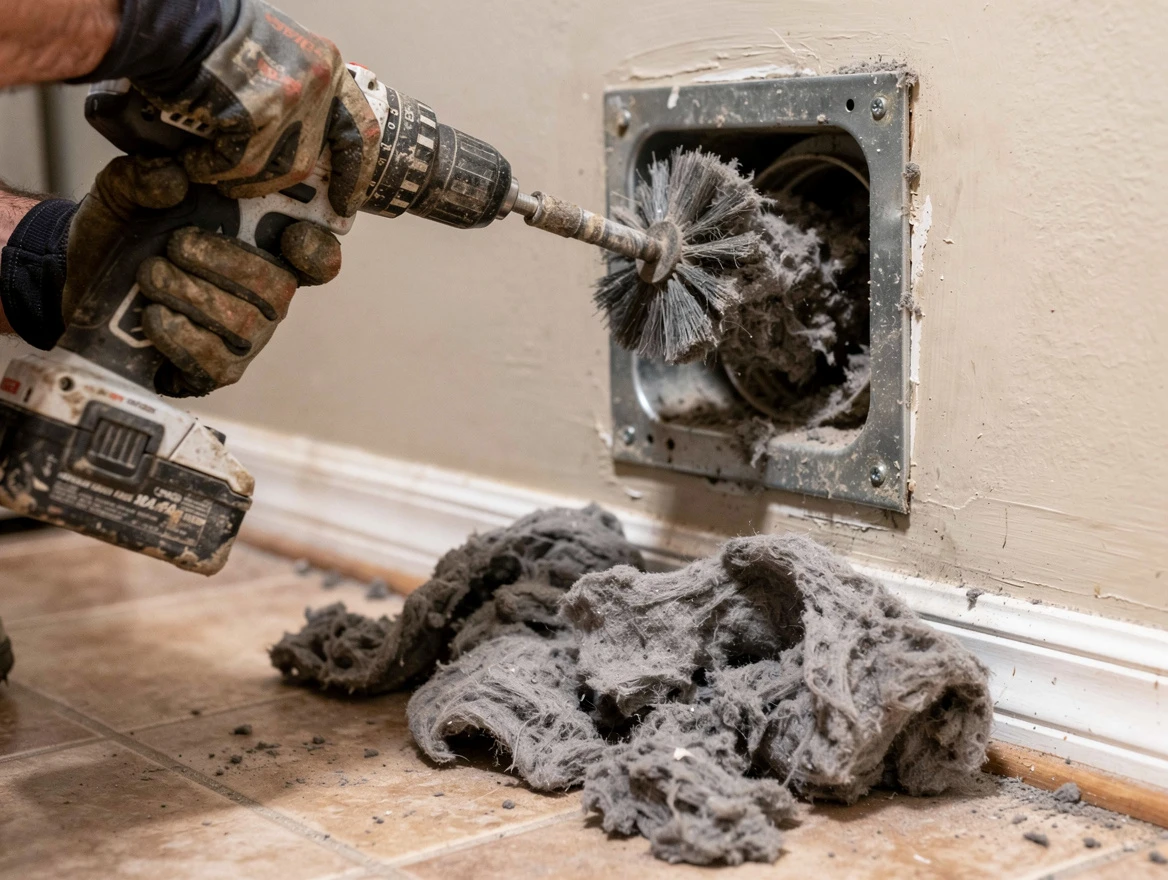 Certified Highland Dryer Vent Cleaning technician performing dryer vent cleaning in Highland