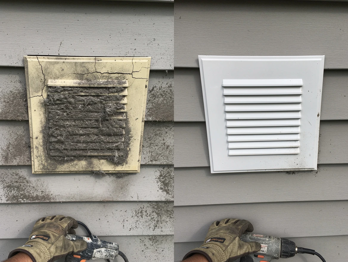 Highland Dryer Vent Cleaning technician installing high-quality dryer vent cover at a residential property in Highland