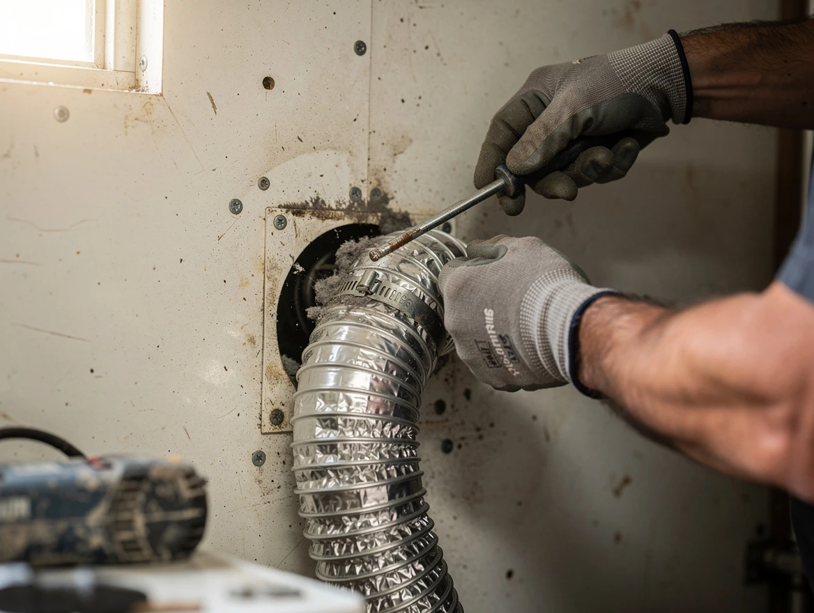 Highland Dryer Vent Cleaning technician performing precise dryer vent hose installation in Highland